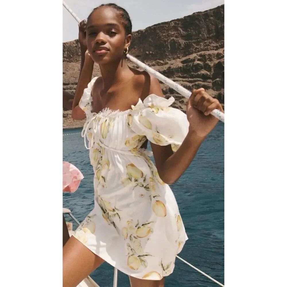 NWT For Love & Lemons Serafina Lemon Print Mini Dress Size XS